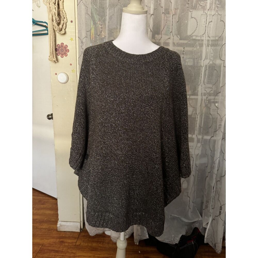 CAbi Womens S Dark Green Knit Poncho Sweater Oversized Cape Batwing Pullover